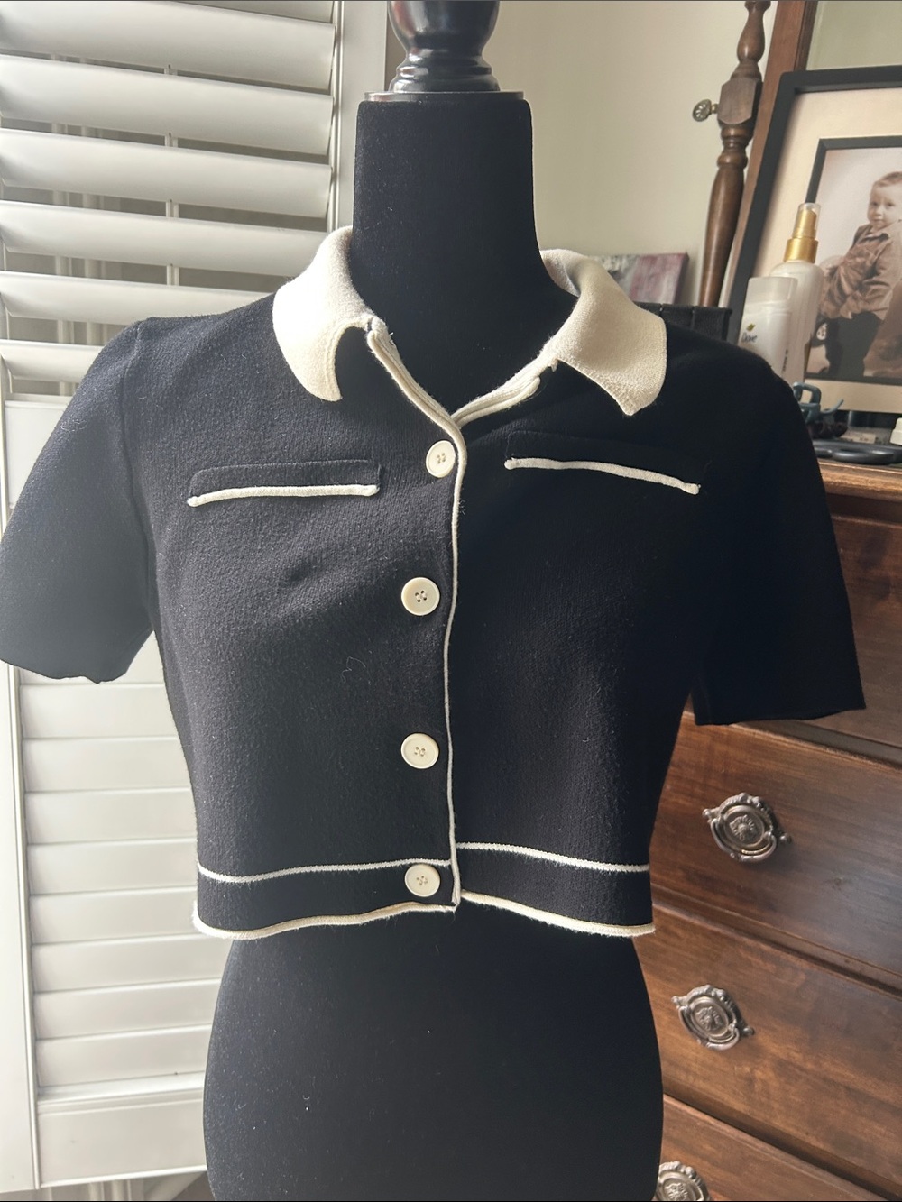 OAK + FORT Black Knit Cardigan with Cream Trim
